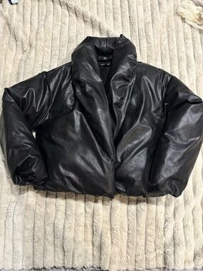Black Faux Leather Puffer Jacket size small  like new